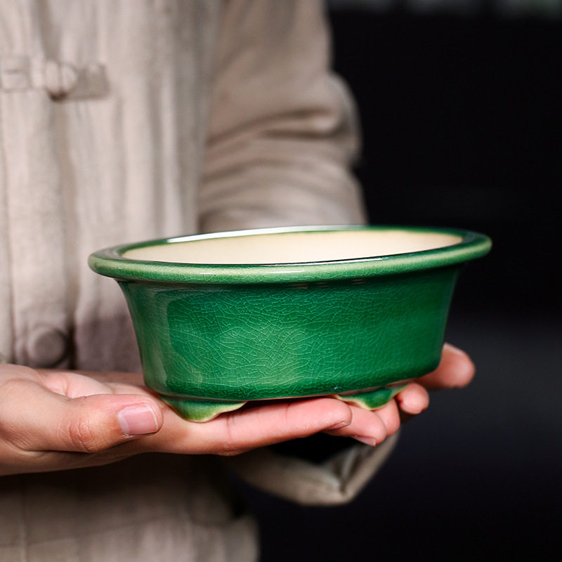 紫砂花盆陶瓷盆景盆椭圆形中国风手工古典桌面小盆开片釉微盆盆栽