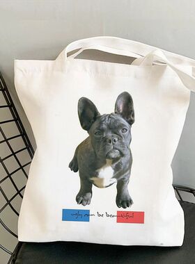 法国斗牛犬印花可重复使用女士休闲购物手提包学生旅行单肩包