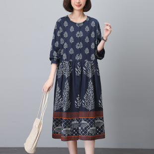 妈妈印花连衣裙女2024春秋新款 全棉休闲宽松胖MM洋气高贵圆领裙子