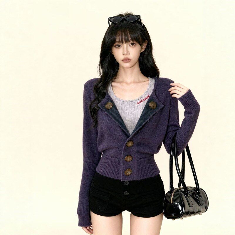 紫色长袖针织开衫女秋冬美式复古设计感小众收腰毛衣外套短款上衣