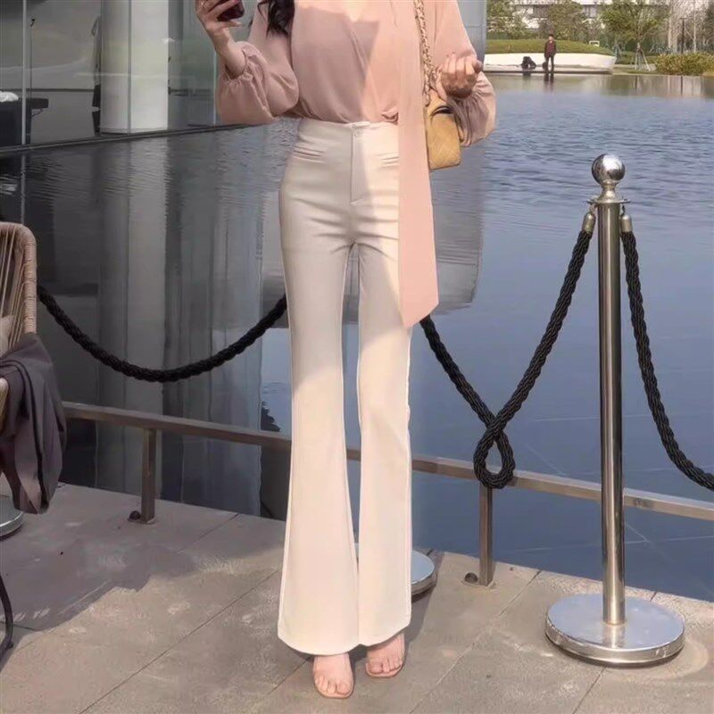 杏色微喇西装裤女夏季薄款2025新款高腰垂感修身显瘦休闲喇叭长裤