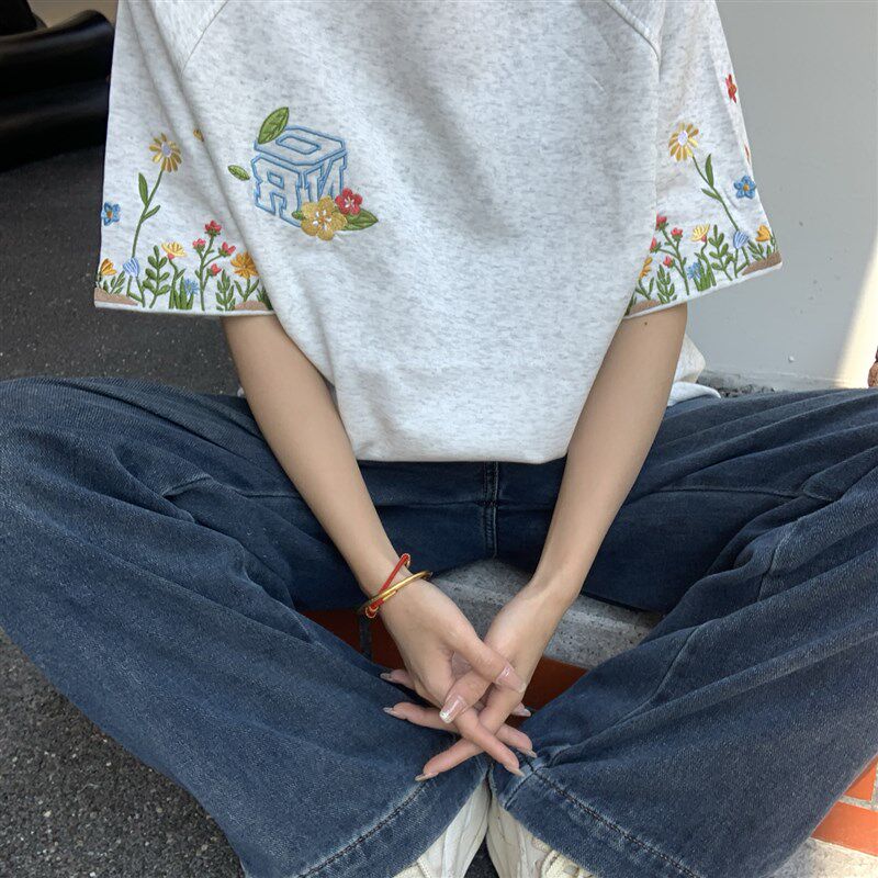 美式高街花卉字母刺绣短袖t恤男女夏季新款宽松纯棉复古情侣上衣