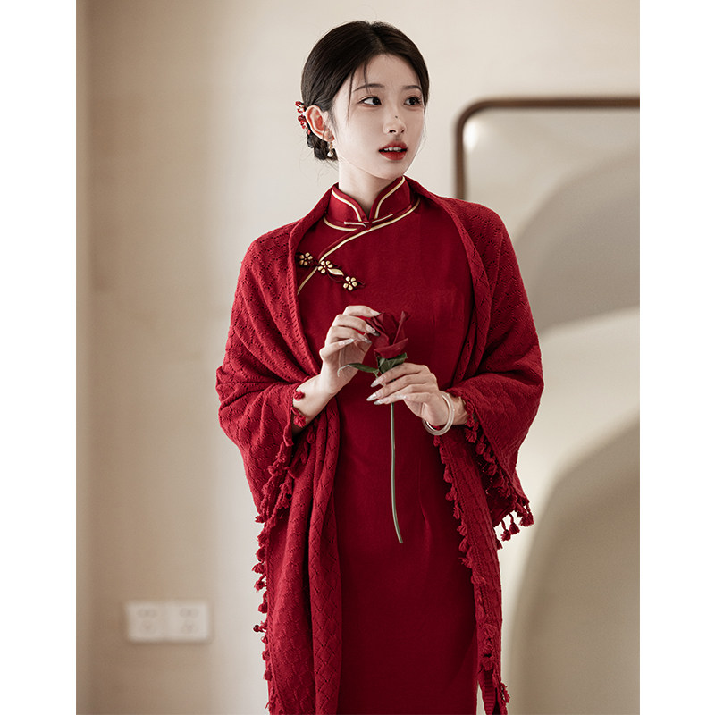 红色配旗袍披肩结婚敬酒服新娘针织新中式礼服外套披风外搭秋冬季