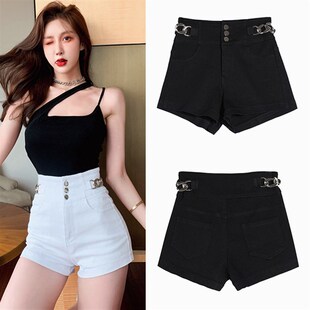 紧身热裤 女弹力收腹直筒裤 设计感链条白色高腰牛仔短裤 2023夏新款