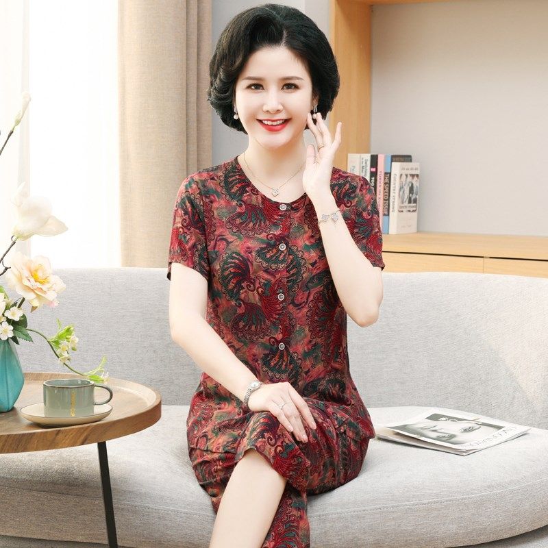 中年妈妈款棉绸睡衣女夏季薄款开衫短袖七分裤夏天老人家居服套装