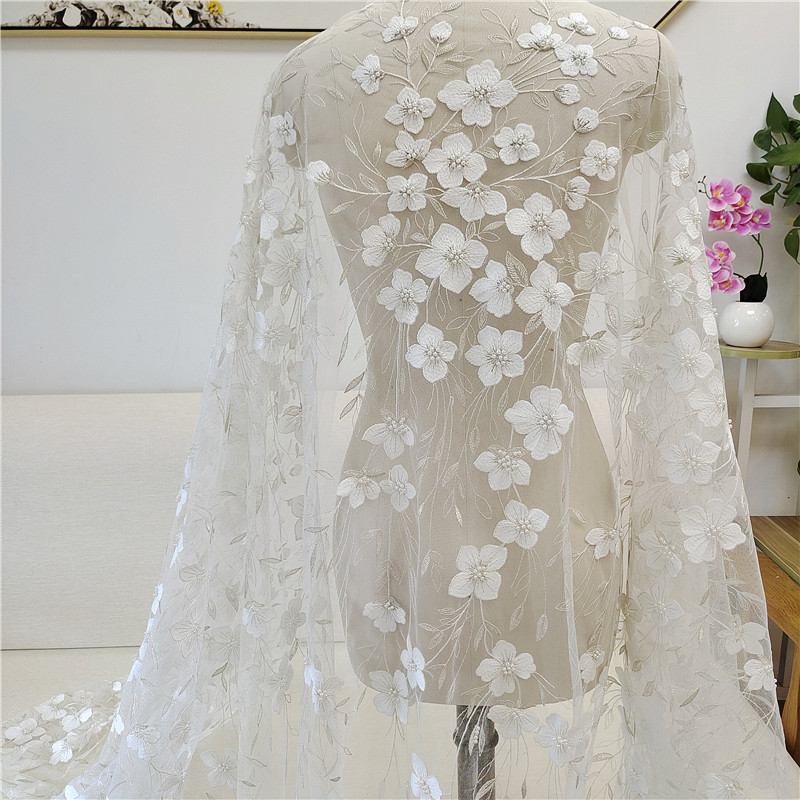 新款夏季银白色钉珠面料婚纱礼服窗帘服装布料刺绣手工DIY材料