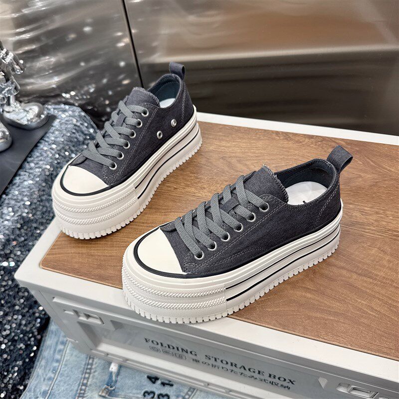 帆布鞋女2025春季新款厚底百搭增高6cm休闲运动板鞋松糕底小白鞋