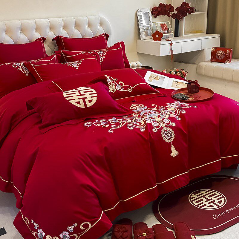新中式全棉结婚四件套红色婚庆喜被G龙凤刺绣被套婚房床上用品