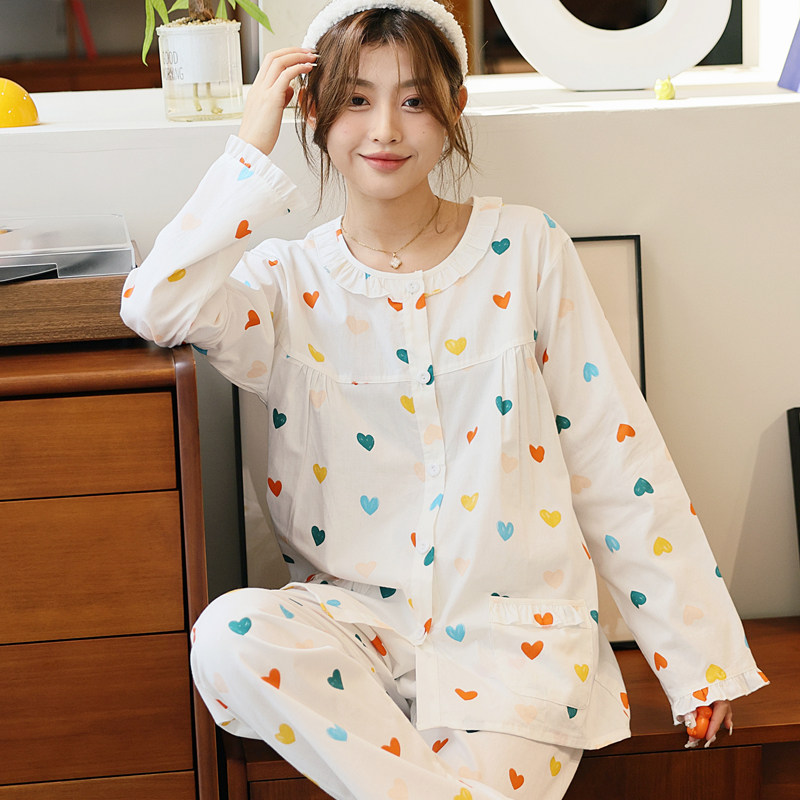 春秋新款女士纯棉布睡衣全棉圆领长袖长裤家居服休闲居家套装
