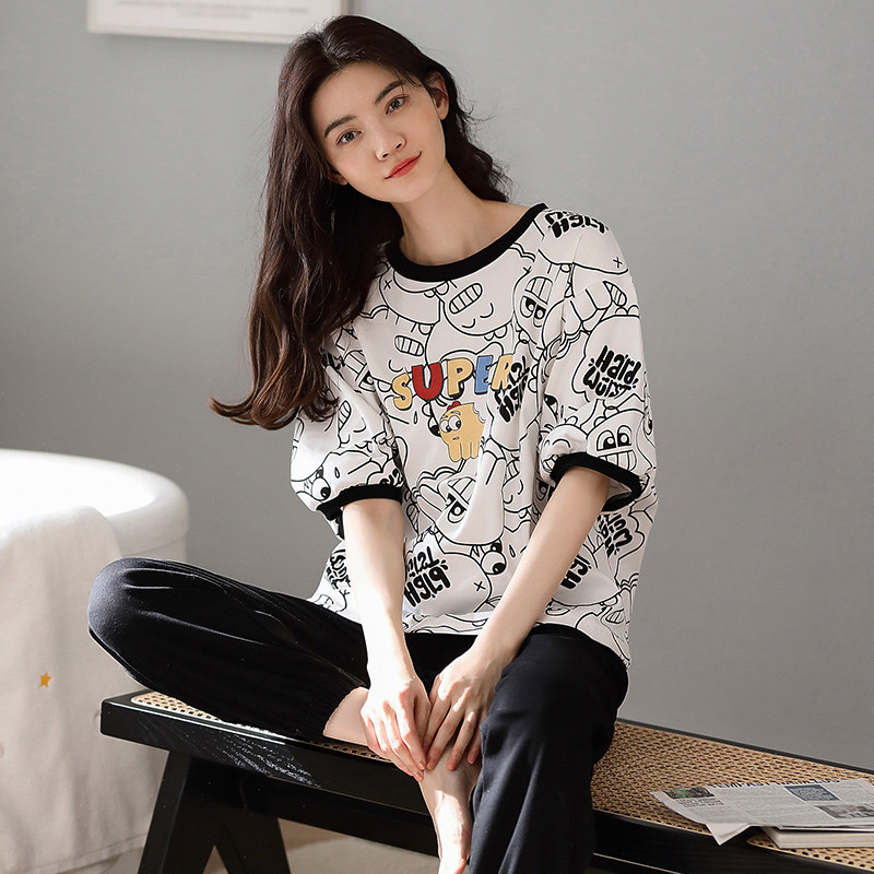 高档睡衣女纯棉春秋半袖长裤短袖夏季薄款全棉运动外穿家居服套装