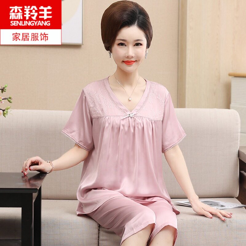 夏季妈妈丝绸短袖薄款睡衣中年女士冰丝套头纯色家居服套装可外穿