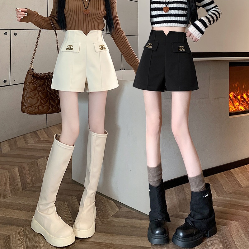 毛呢西装短裤女2024新款秋冬季高腰时尚显瘦外穿a字阔腿休闲靴裤