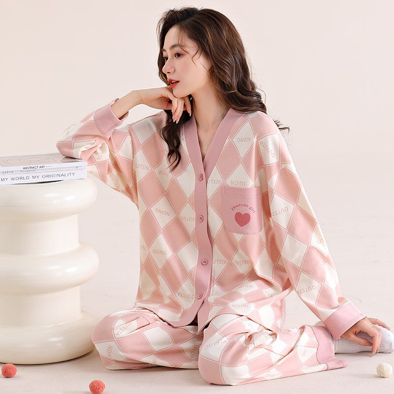 中老年人纯棉女士睡衣开衫长袖可外穿薄款简约大码女款家居服套装