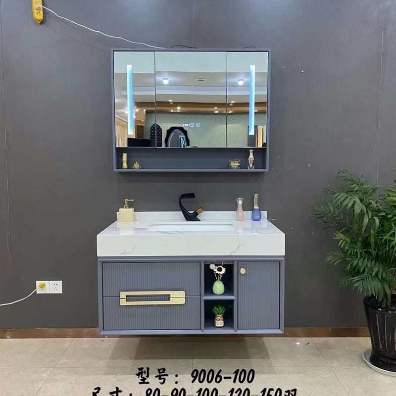 高档橡木浴室柜套装智能镜柜岩板鱼肚白定制+300   大理石
