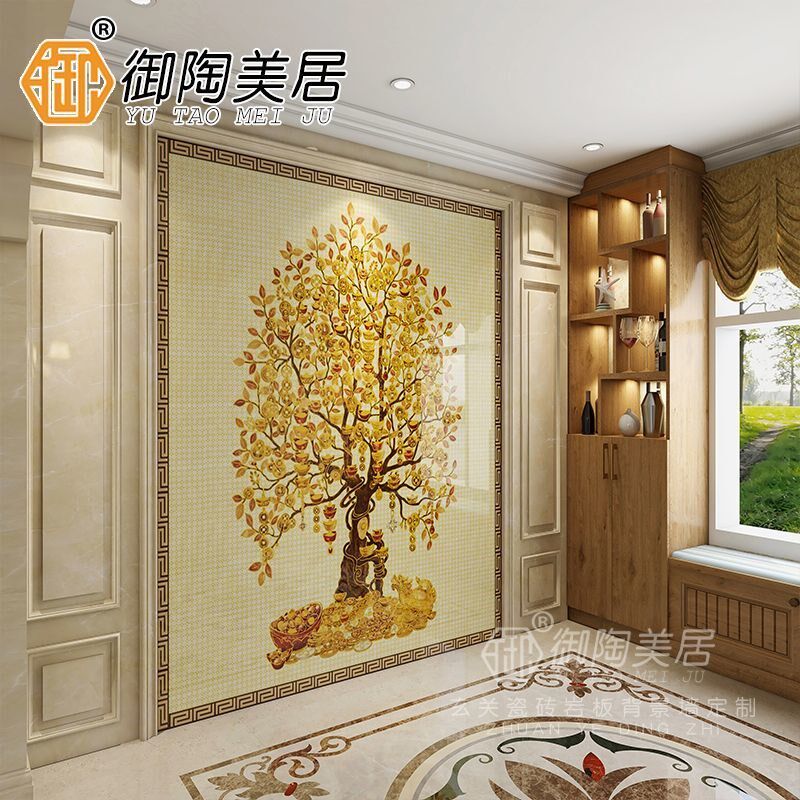 玄关画瓷砖背景墙岩板p微晶石大理石立体雕刻过道中式发财树摇钱