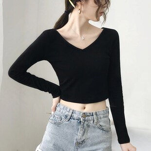 韩版露脐黑色长袖t恤女短款高腰秋装纯棉紧身漏肚脐打底衫上衣服