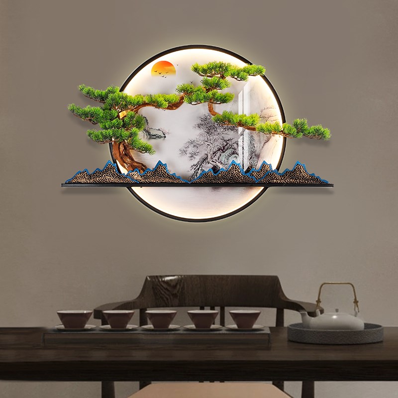 新中式入户玄关装饰画办公室迎客松圆形茶室背景墙U面立体壁灯挂