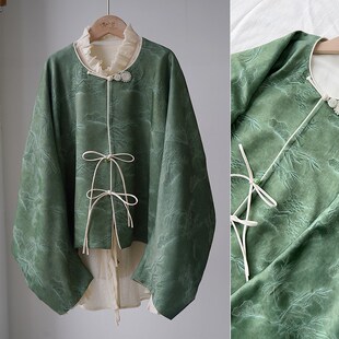 画竹新绿植物染香云纱提花墨绿色清冷袭茧形新中式 上衣外套