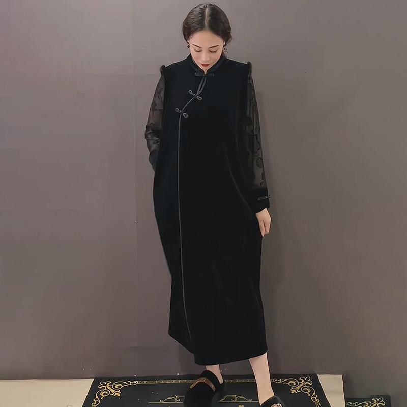 国风两件套加肥立领丝绒毛边盘扣马甲裙胖妹妹打底衫加大码女套装