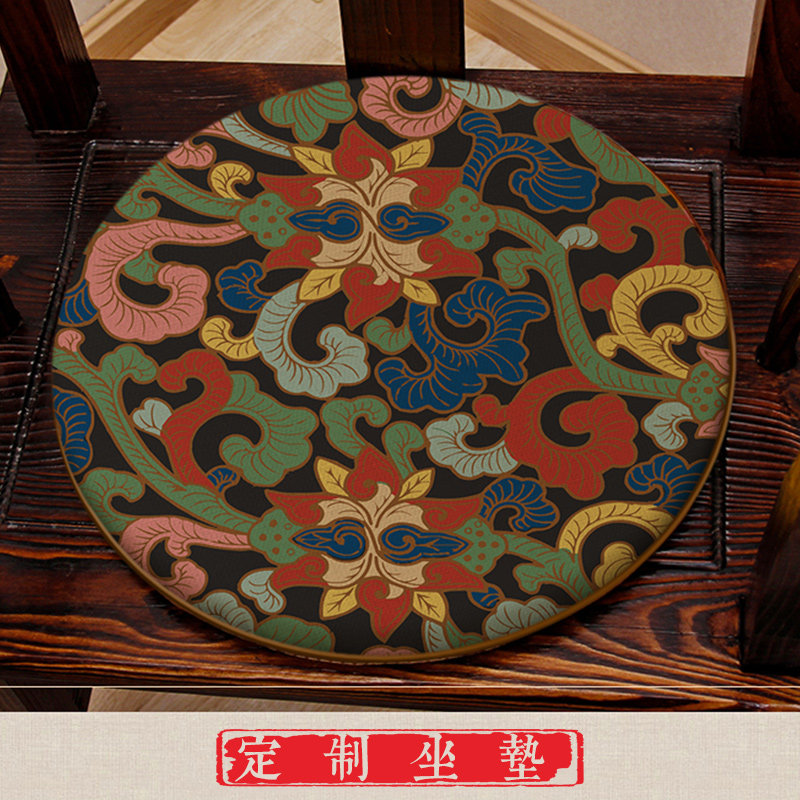 中式唐风圆形椅垫椅子餐椅鼓凳坐垫家具圈椅藤椅茶椅棉麻印花垫子