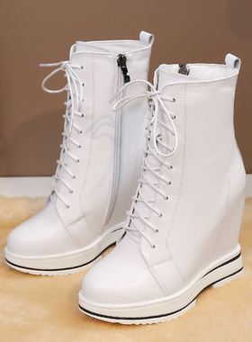 北西图真皮内增高短靴女冬白色侧拉链百搭厚底12CM坡跟女靴马丁靴