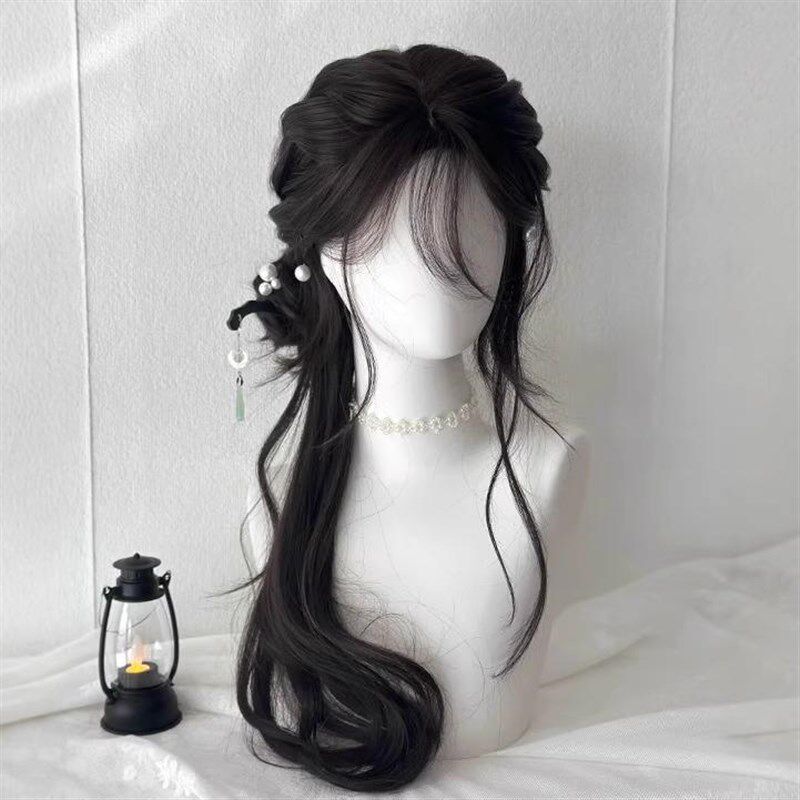 假发女清冷感古风长卷发新中式汉服侧扎马尾日常蓬松中分全头套式