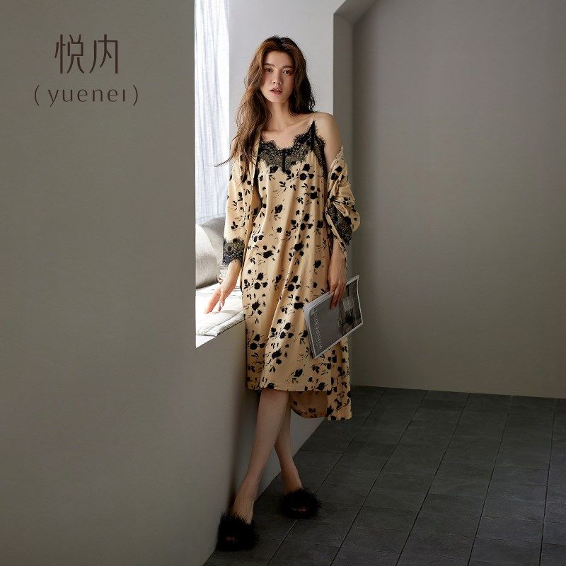 悦内带胸垫睡衣女士睡袍春秋款纯棉长袖夏季薄款吊带睡裙两件套装