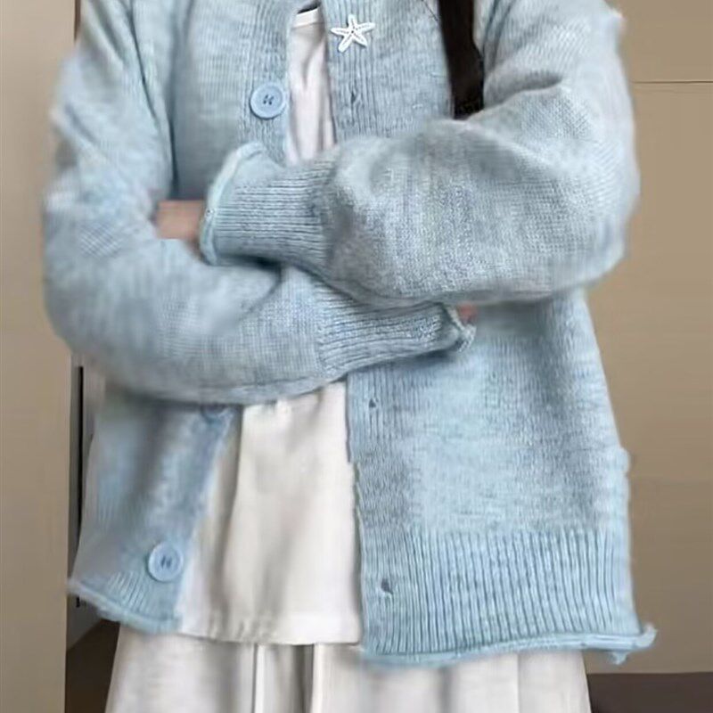 慵懒风软糯奶蓝色毛衣外套女春秋季新款高级感小个子百搭针织开衫