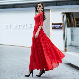 气质雪纺连衣裙收腰显瘦长款 五分袖 大摆度假长裙女夏 新款 2021夏季