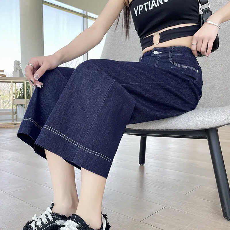 夏季蓝色薄款显瘦八分阔腿牛仔裤女春秋新款高腰宽松九分直筒裤