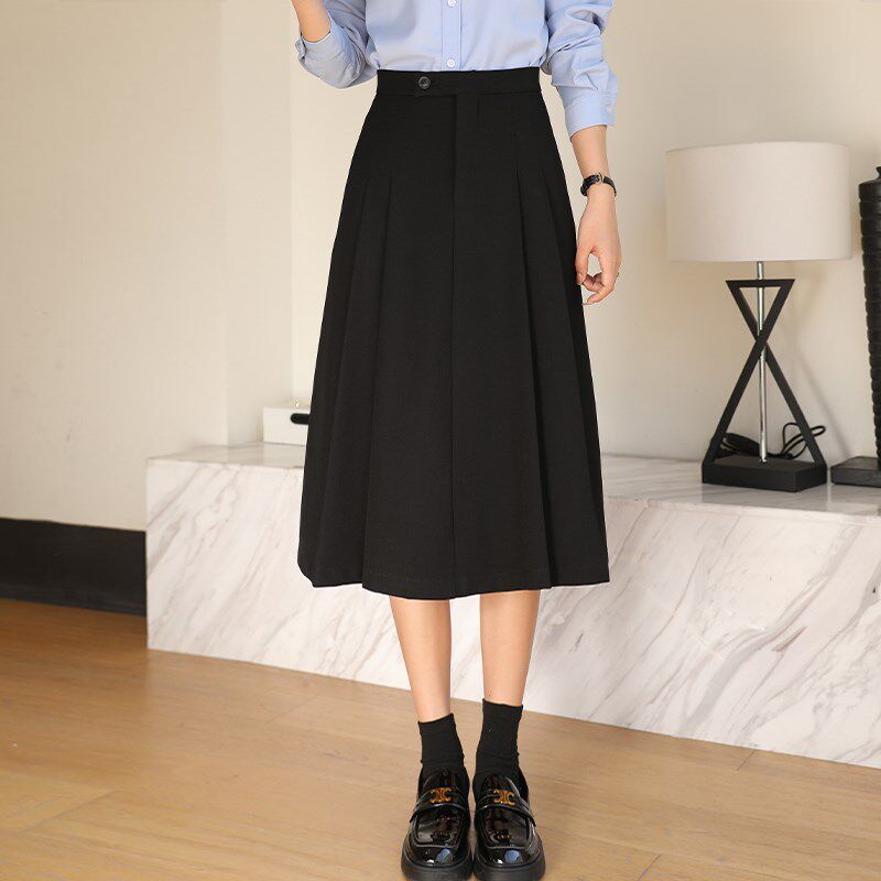 免烫通勤西装半身裙女春秋高腰显瘦百褶a字职业工作中长款过膝盖