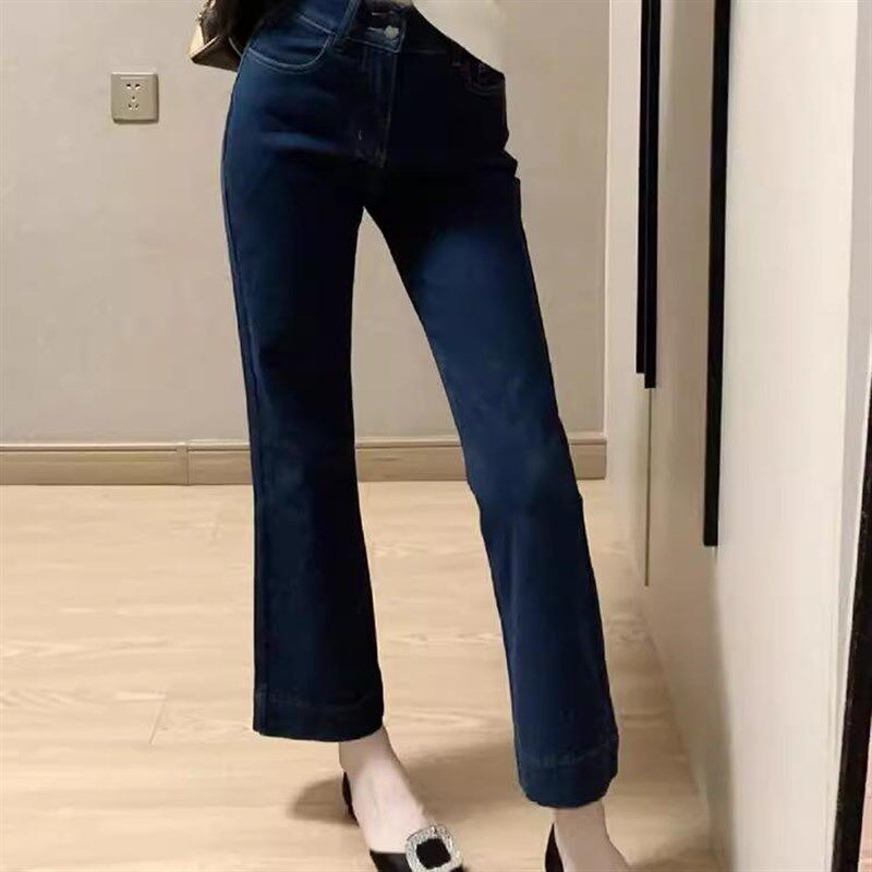 秋冬新款弹力微喇牛仔裤女大码胖mm梨形身材高腰显瘦九分直筒裤子