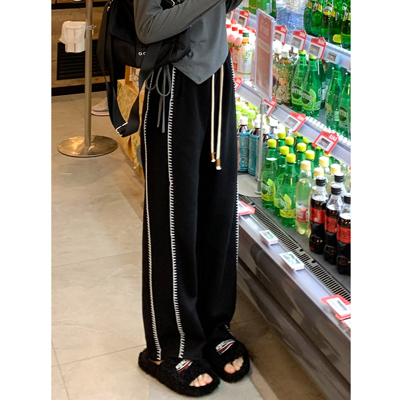 黑色条纹休闲裤女秋季新款胖妹妹mm高腰宽松显瘦百搭垂感阔腿裤子