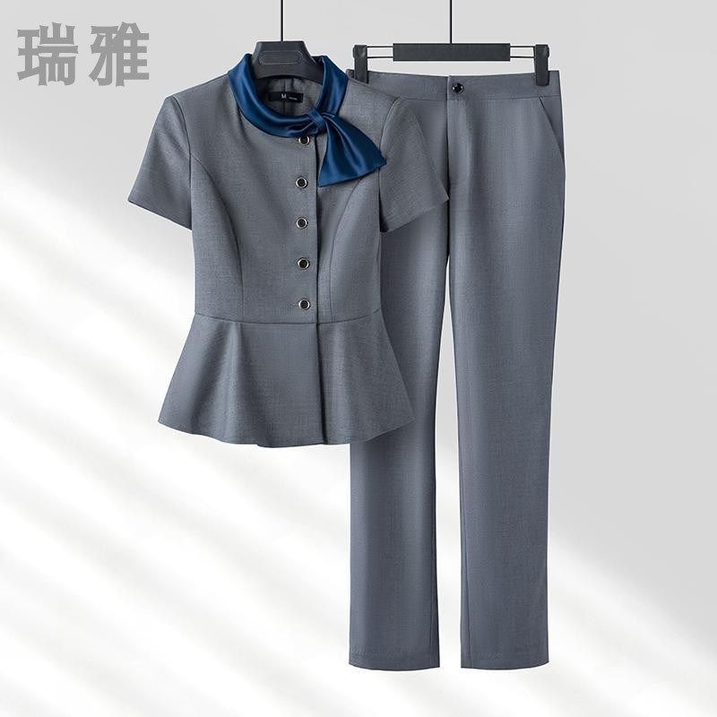 灰色短袖西装套装女2024新款夏季薄款酒店经理工作服高端职业正装图片