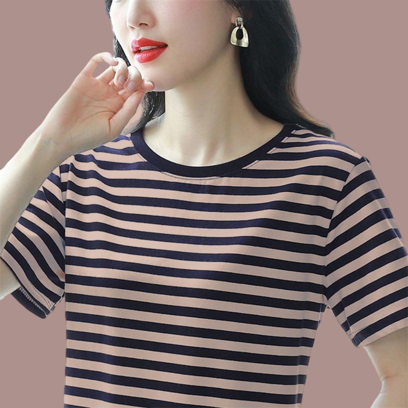 条纹纯棉t恤女士短袖2025夏装新款条纹圆领半袖宽松显瘦遮肚上衣