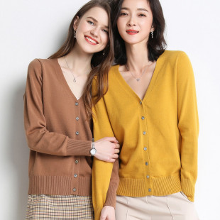 气质百搭新款V领开衫2021年春款女 修身针织外套女春秋休闲上衣薄