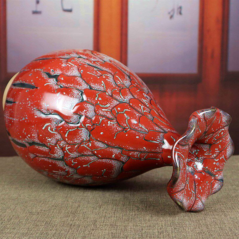 禹州神后钧瓷花瓶中式古典家居卧室台面J陶瓷插花器摆件红色玉壶