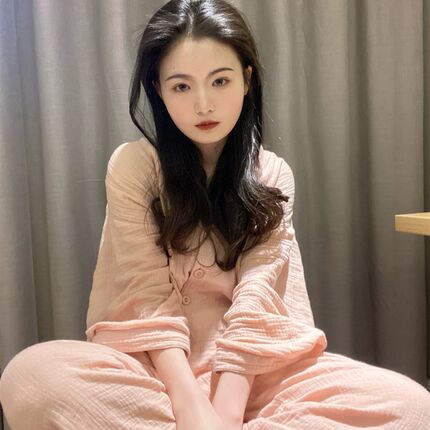 大码200斤网红风纯棉麻双层纱布睡衣女款春秋套装家居服2024新款