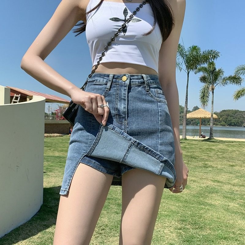 开叉牛仔短裙女2024年夏季新款高腰显瘦防走光a字包臀裙半身裙子
