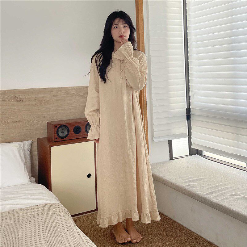 纯棉纱布料睡裙女高级感长袖连衣裙月子睡衣可外穿家居服睡袍夏季