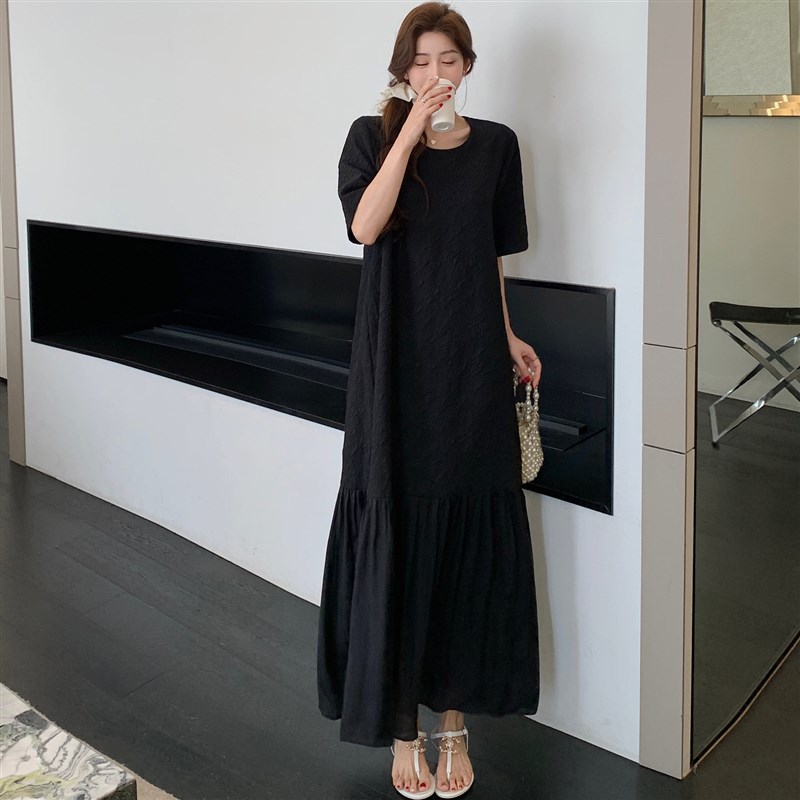 法式慵懒风休闲拼接鱼尾连衣裙女2025夏季新款大码宽松显瘦长裙子