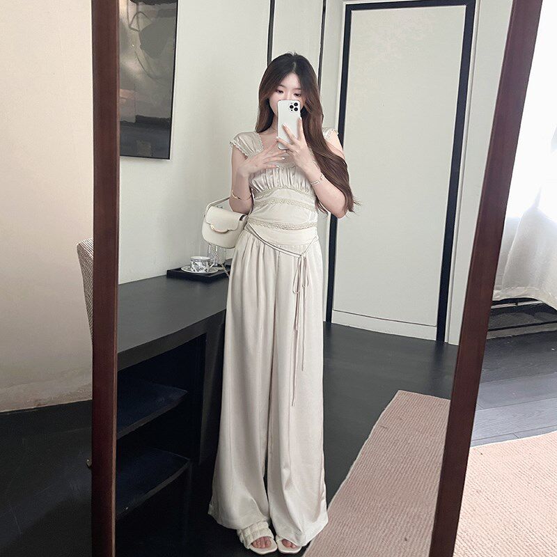 法式缎面蕾丝边吊带背心内搭上衣/阔腿裤套装女2025春夏季新款