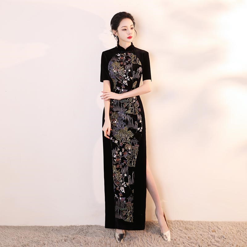 高端丝绒走秀旗袍演出服女日常黑色长款高开叉连衣裙妈妈年轻礼服