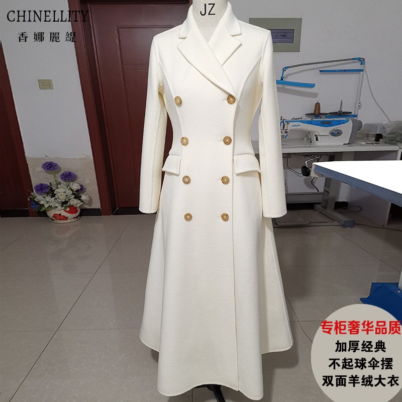 加厚大伞摆双面羊绒大衣白色红色排扣高端气质羊毛呢外套秋冬新女