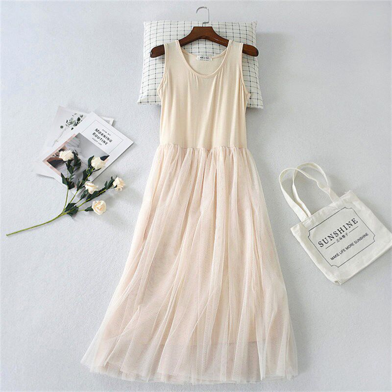 双层网纱打底吊带裙宽松大码显瘦内搭背心长裙无袖百搭连衣衬裙女