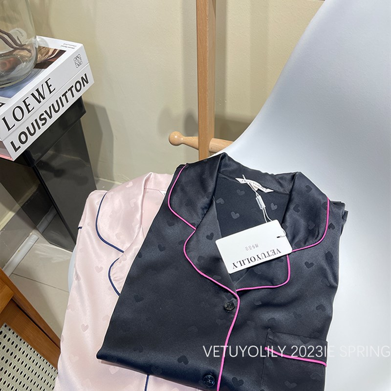 睡衣女春秋长款爱心冰感缎面宽松简约送闺蜜女朋友节日礼品家居服