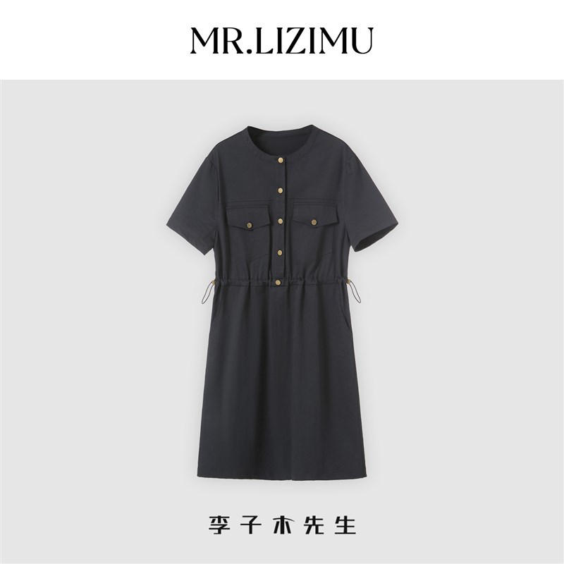 李子木新款圆领短袖工装连衣裙女夏季宽松显瘦休闲减龄直筒中长裙