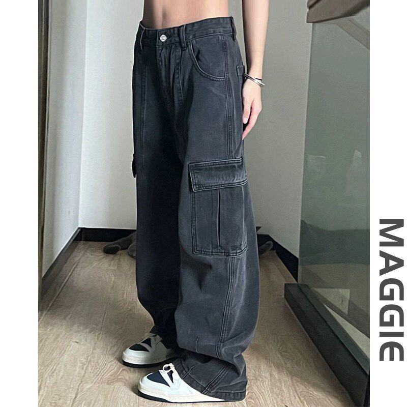 黑灰色工装牛仔裤女hiphop街舞裤子梨形身材高腰显瘦阔腿直筒长裤