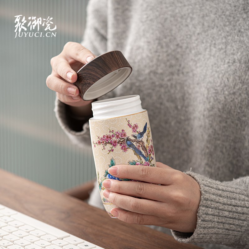 双层陶瓷保温杯女 中式保冷杯 密封防漏J便携车载直饮泡茶杯子刻