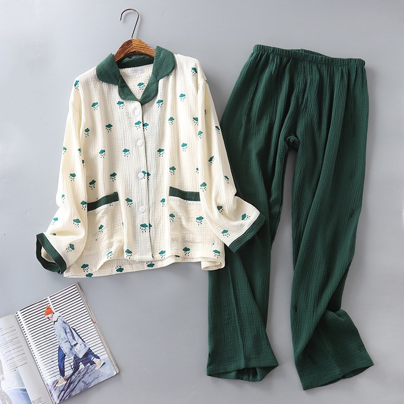 新品女款水洗肌理绉纹双层棉纱纱布西服领纽扣睡衣长袖家居服套装